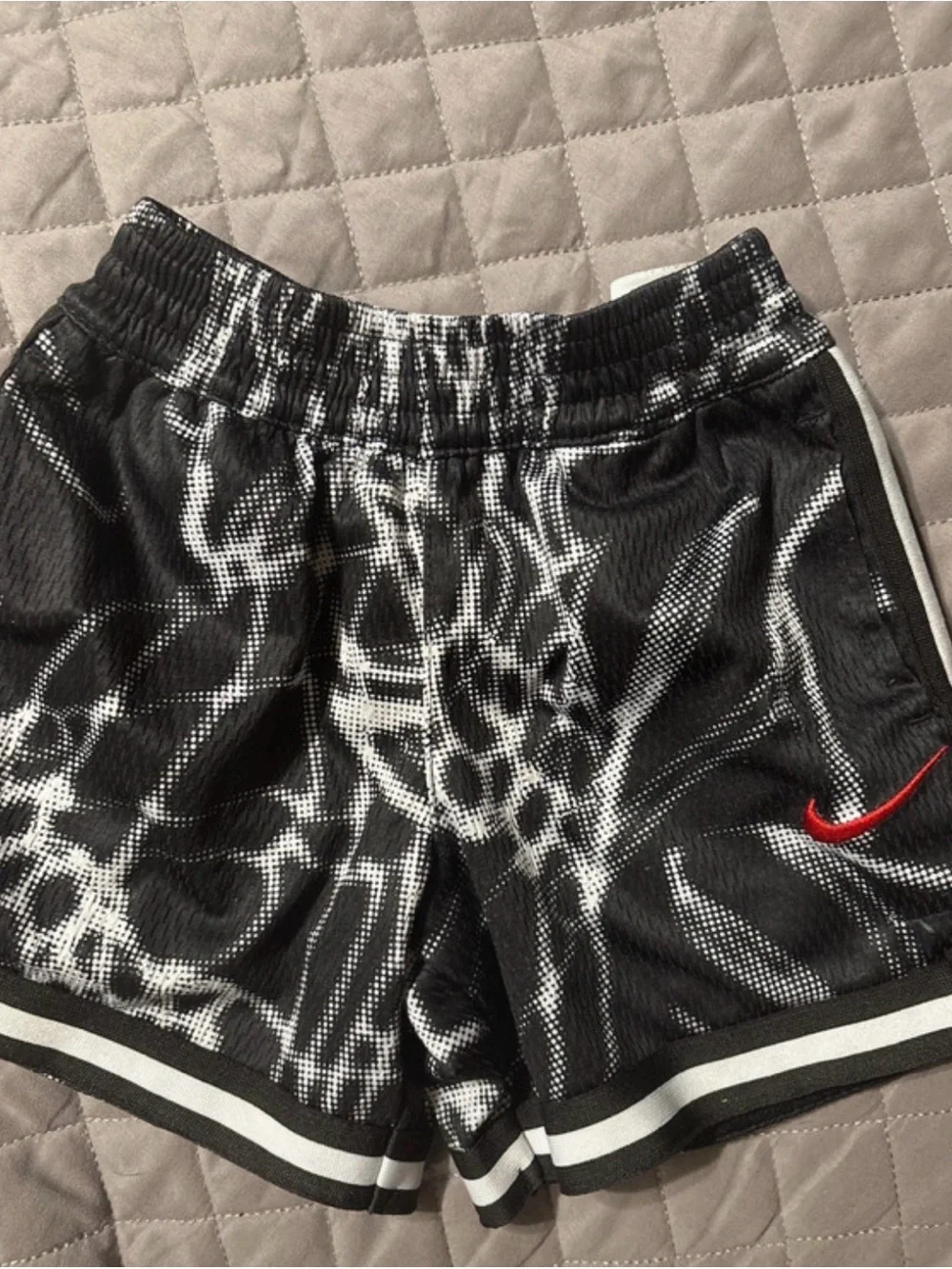Nike Black & White Kids Athletic Shorts with Red Swoosh